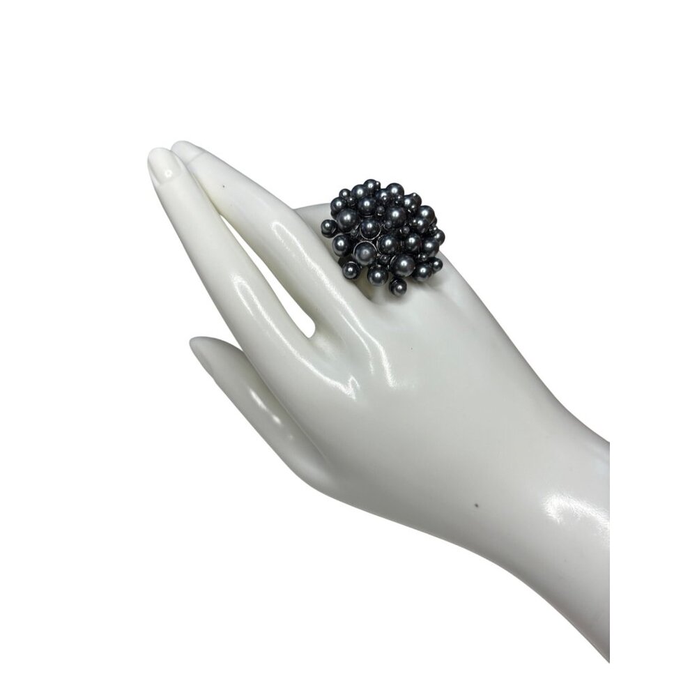 Vintage Style Black Cluster Statement Ring With Faux Pearl Accents Adjustable Ba